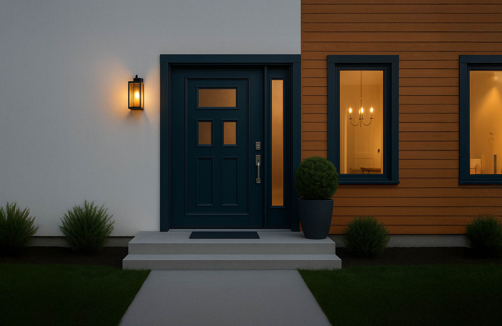 Beleuchtete Haustür am Abend